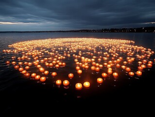 Obraz premium Floating Candles Illuminate Dark Waters At Night