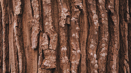 Naklejka premium Close-up view of textured Chestnut tree bark showcasing deep grooves, knots, and rugged surface patterns, ideal for nature-inspired backgrounds and design elements. 