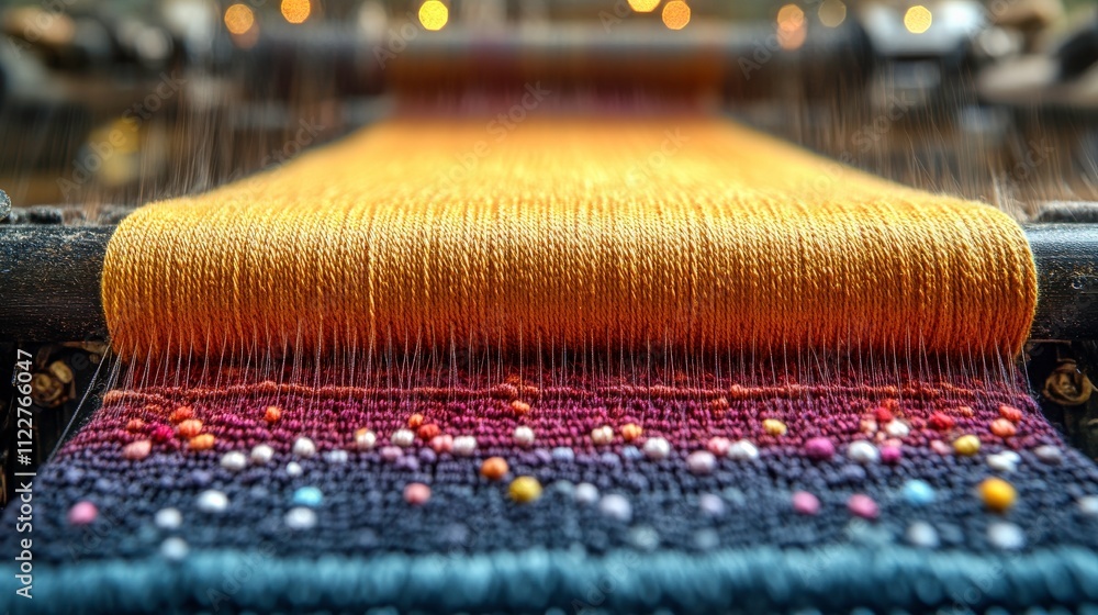 Aufkleber close-up of vibrant textile weaving process with colorful threads and textures showcasing fine craft