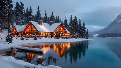Obraz premium Glowing wooden house on emerald lake and pine forest 