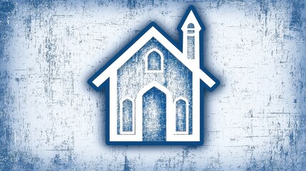 Simple Blue House Icon with Grunge Texture on White Background
