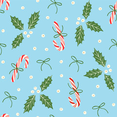 Cute candy canes with bows, berries and holly plant leaves seamless pattern. Holiday season festive background. Elegant design for wrapping paper, fabric.