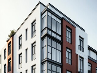 Obraz premium Modern Apartment Building with Red Brick Accents and Large Windows