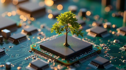 Obraz premium Nature Meets Tech: A tiny tree thrives on a microchip, symbolizing sustainable innovation and eco-conscious technology.