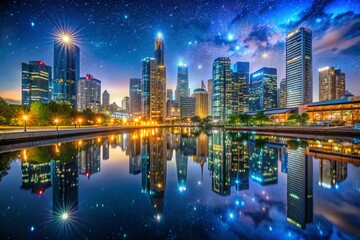 Obraz premium Breathtaking Nighttime City Skyline Reflected in a Serene River with Illuminated Buildings and Stars Above, Capturing the Essence of Urban Beauty and Tranquility