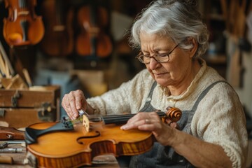 Senior woman violin maker in the workshop. Ai generative art