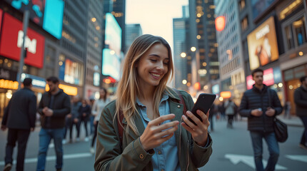 Smiling woman checks her phone amidst the vibrant glow of a bustling city street at night.  A captivating urban scene.