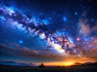 Obraz premium Breathtaking Panoramic Astrophotography of a Dark Blue Starry Sky Filled with Nebulae and Galaxies Ideal for a Stunning Banner Head Cover Design