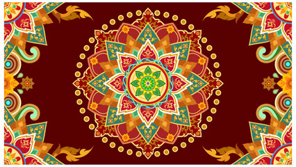 A vibrant mandala with intricate geometric and floral patterns in shades of red, orange, green, and yellow, set against a rich brown background.