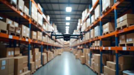 Obraz premium Drone soars through warehouse aisles, surveying inventory. Efficient logistics, automated processes.