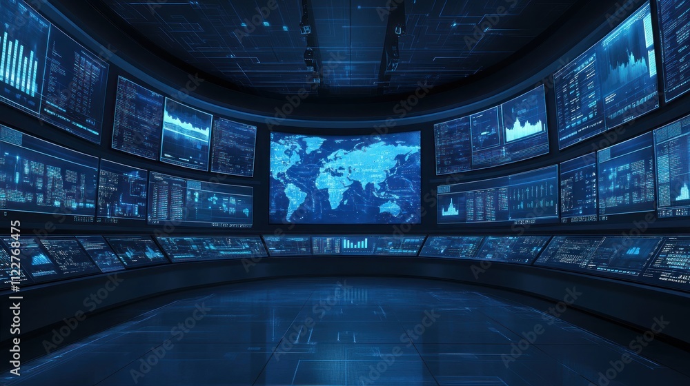 Poster futuristic control room with numerous screens displaying global data, charts, and graphs.