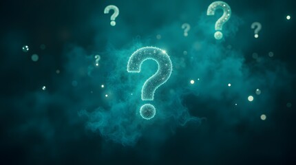 Unraveling Mysteries: A cosmic dance of questions in a teal nebula.  Intriguing, enigmatic, thought-provoking.