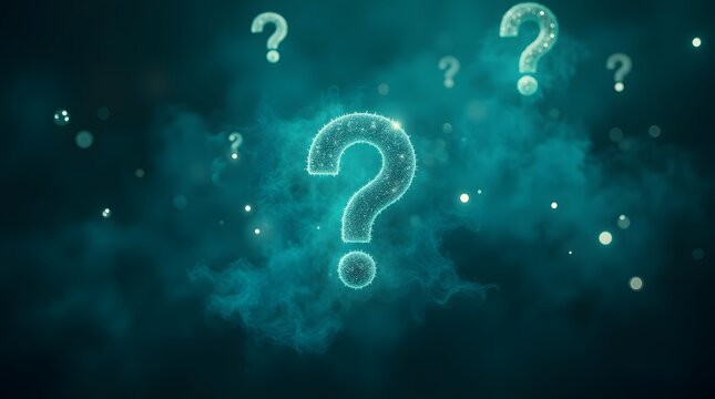 Unraveling Mysteries: A cosmic dance of questions in a teal nebula.  Intriguing, enigmatic, thought-provoking.