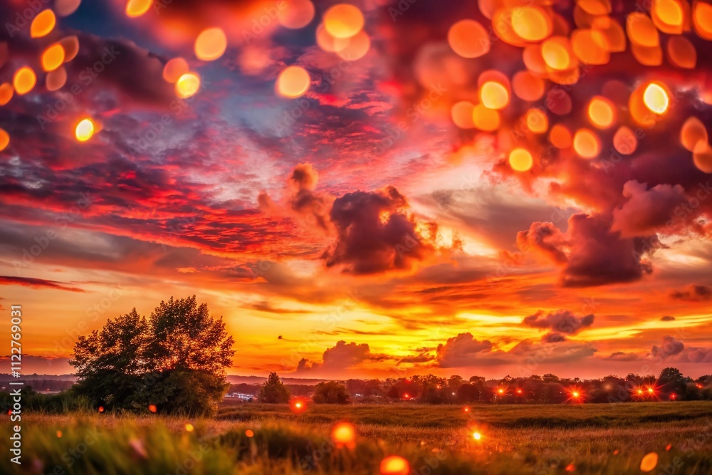 Poster breathtaking sundown with red sky and dim clouds creating a stunning bokeh effect, perfect for captu