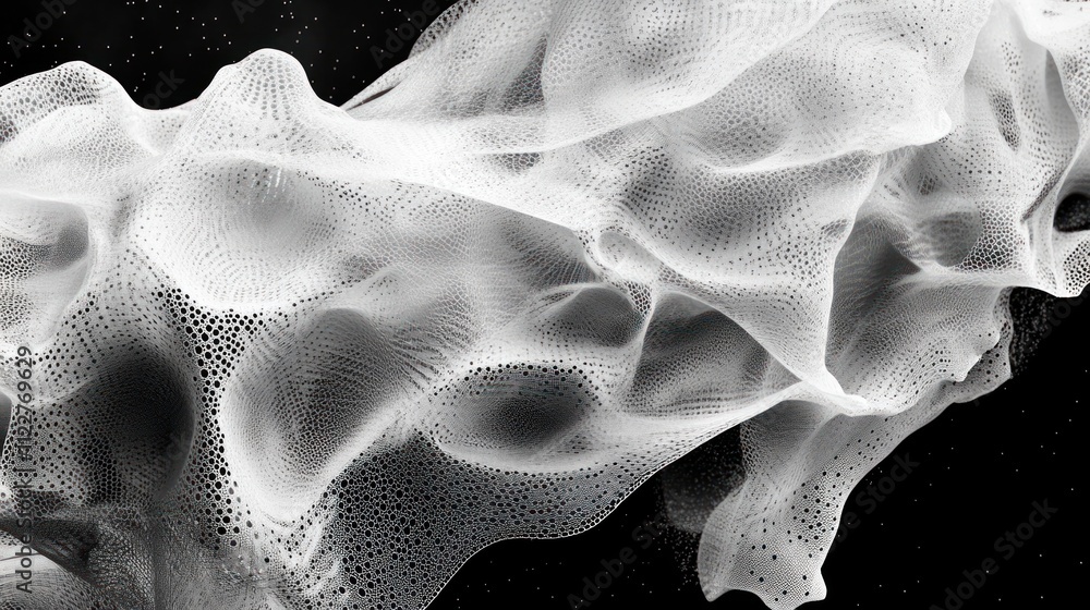 Poster surreal particle flow integrated into a futuristic mesh design for conceptual projects.