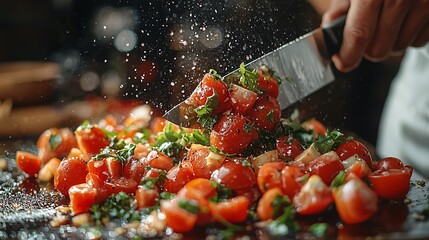 Close-up of a chefs knife slicing through fresh