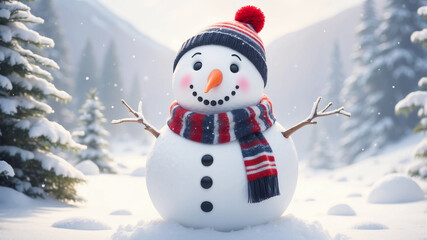 Obraz premium Winter holiday scene with a smiling snowman in the snow