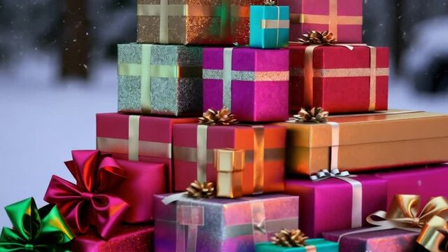 A towering stack of beautifully wrapped Christmas gifts