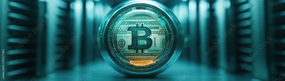 Poster a close-up of a bitcoin symbol surrounded by a tech-inspired background, emphasizing the digital cur