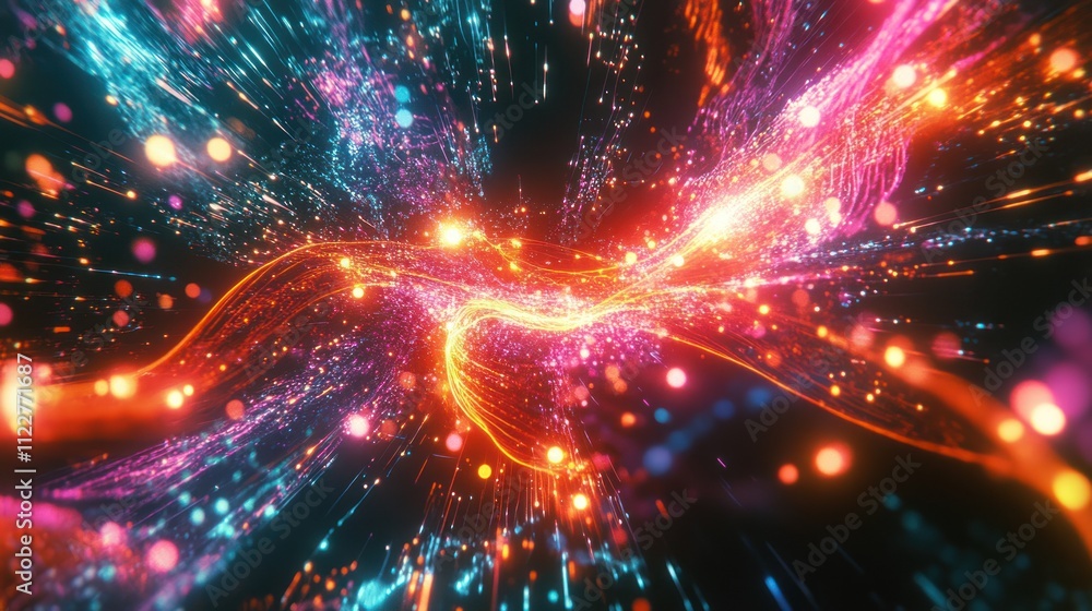Poster technology data flow concept with dynamic visual effects and glowing circuits.