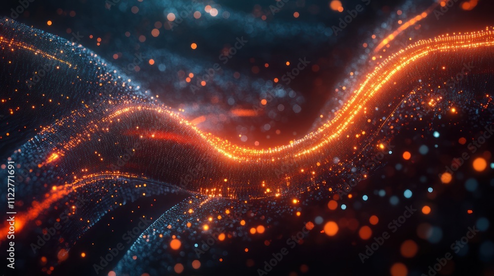 Poster technology data flow concept with dynamic visual effects and glowing circuits.