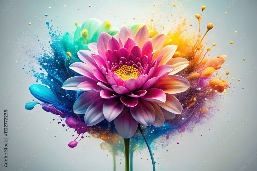 Poster bright splashes of paint merging into a beautiful flower on a minimalistic light background – a capt