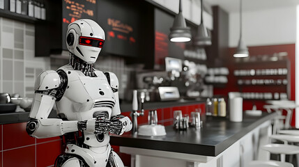 Fototapeta premium Retro Style Ad Featuring AI Powered Robot in Modern Café Setting