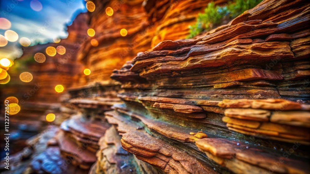 Poster brown textured mineral rock layer details with bokeh effect highlighting patterns in cliff and stone