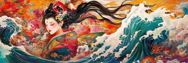 The sea goddess Benzaiten surrounded by waves and sea creatures in vivid colors