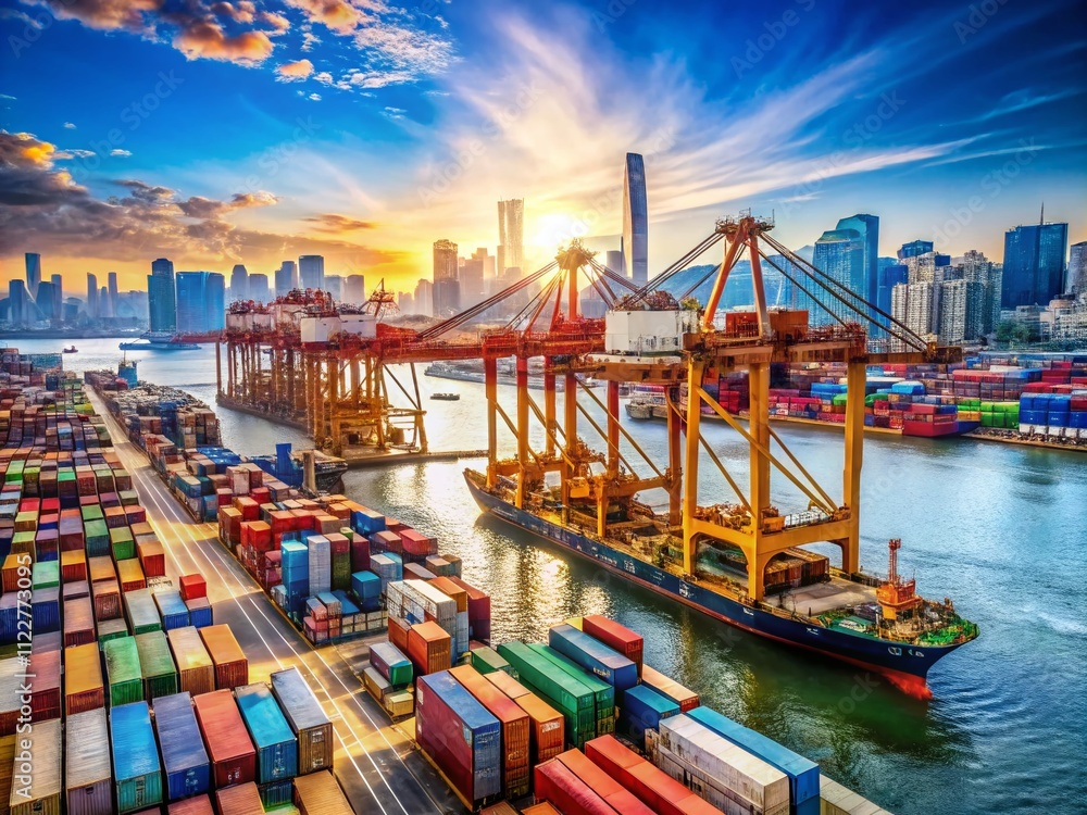 Poster busy maritime dock with containers and cranes: a dynamic scene of global trade and shipping operatio