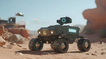 Fototapeta premium AI Powered Rover Exploring Scenic Desert Landscape in Digital Art