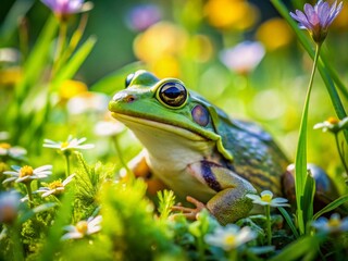 Candid Capture of a Frog Hiding in Lush Green Grass Amidst Nature's Serenity, Perfect for Nature Lovers and Wildlife Enthusiasts Seeking Unique Stock Photos