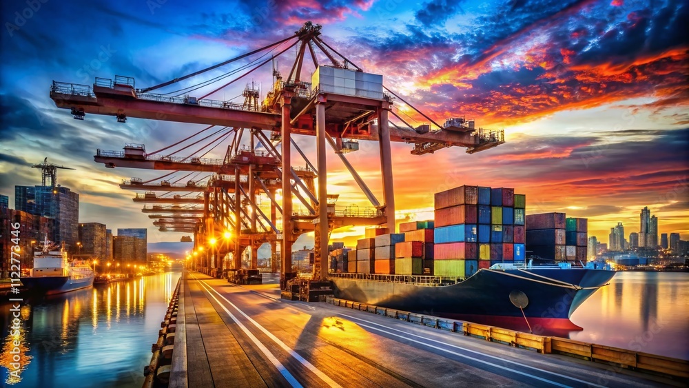 Poster candid capture of cargo freight ship with crane loading bridge in shipyard at logistic import export