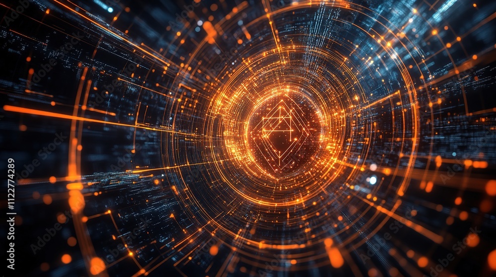 Poster glowing 3d shield in digital environment with abstract background