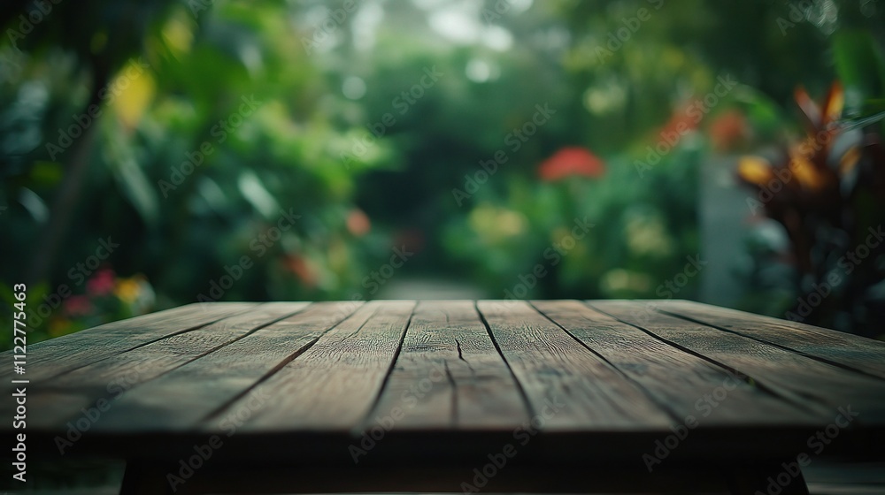 Poster abstract blurred green background with empty wooden table top