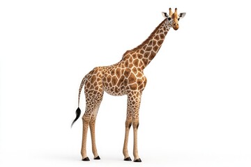 Fototapeta premium A tall giraffe standing gracefully, isolated on a white background, highlighting its unique features and beauty.