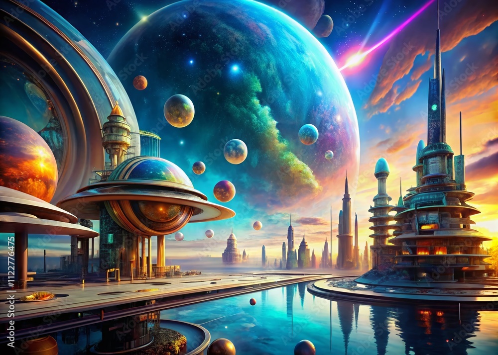 Poster captivating 3d generated abstract planetscape displaying futuristic architectural elements with vibr