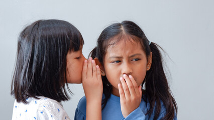 Two girls telling a secret and expressing surprise isolated on grey.