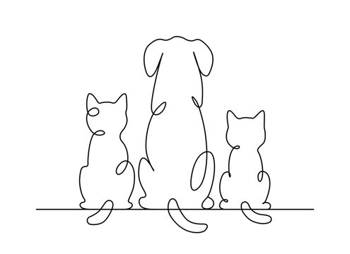 Line art of a two cats and dog back view vector art illustration