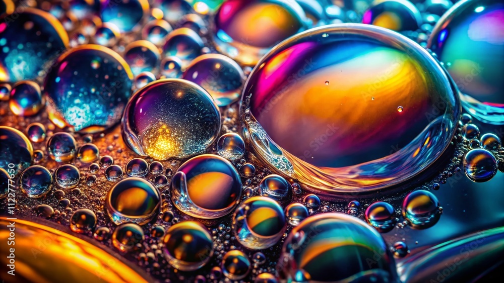 Poster captivating abstract macro photography of liquid with bubbles in low light, showcasing intricate pat