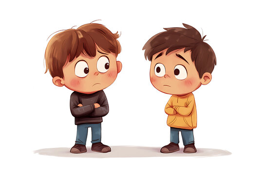 Two cartoon boys standing with crossed arms, looking at each other with uncertain expressions.