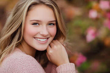 Fototapeta premium Young woman smiling in a floral setting during daytime