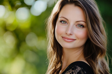 Fototapeta premium Smiling woman with long hair in natural sunlight outdoors
