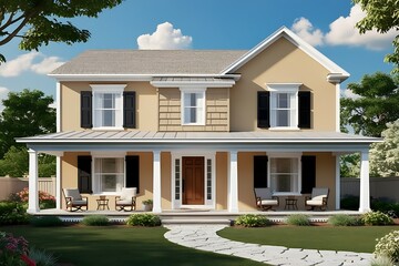 Fototapeta premium Two-story yellow house with front porch, stone walkway, and lush green lawn under a sunny sky.