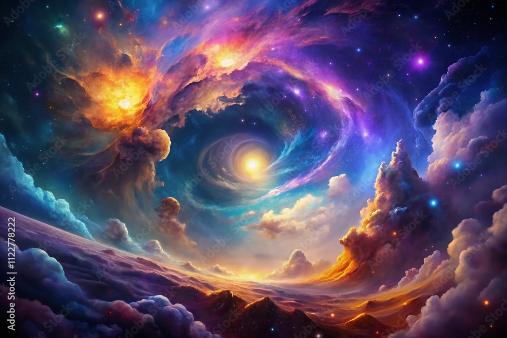 Poster captivating aerial view of an abstract nebula: vibrant colors and swirling patterns in the cosmic la