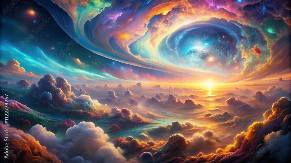 Poster captivating aerial view of a psychedelic celestial dreamscape with vibrant colors and abstract patte