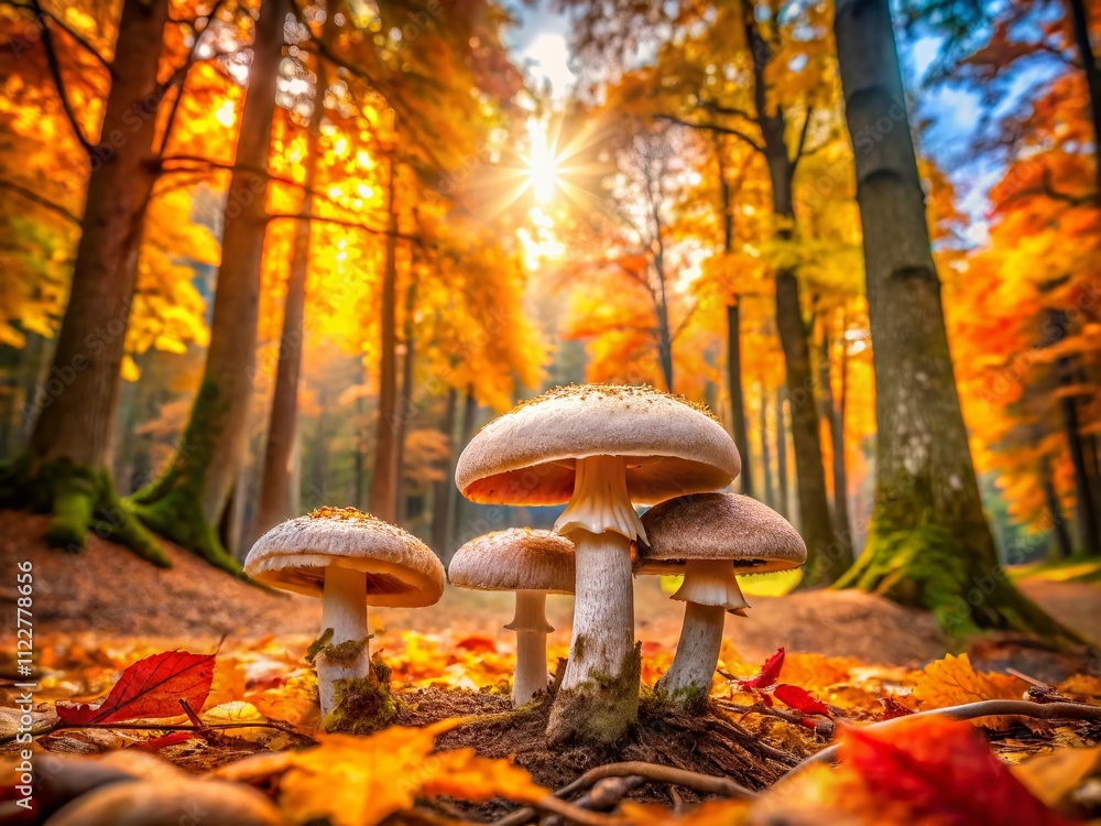 Poster captivating agaricus pantherinus mushrooms in autumn forest setting with rule of thirds composition 
