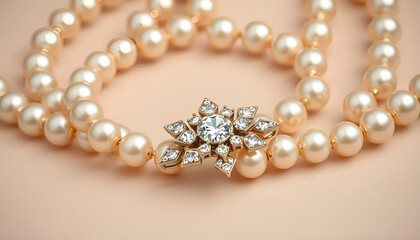 Obraz premium Elegant pearl necklace adorned with a sparkling diamond brooch, beautifully presented on soft fabric