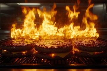 Grilling Burgers with Flames in Fast Food Kitchen