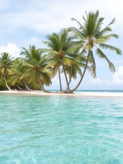 Fototapeta premium Pristine Caribbean sea with coconut palms lining the shore, tropical, coconut palms
